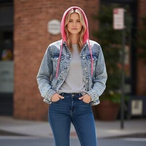 Samantha Sipos Zinna Denim Jean Jacket Knit Hood. Acid Wash Blue XS #902